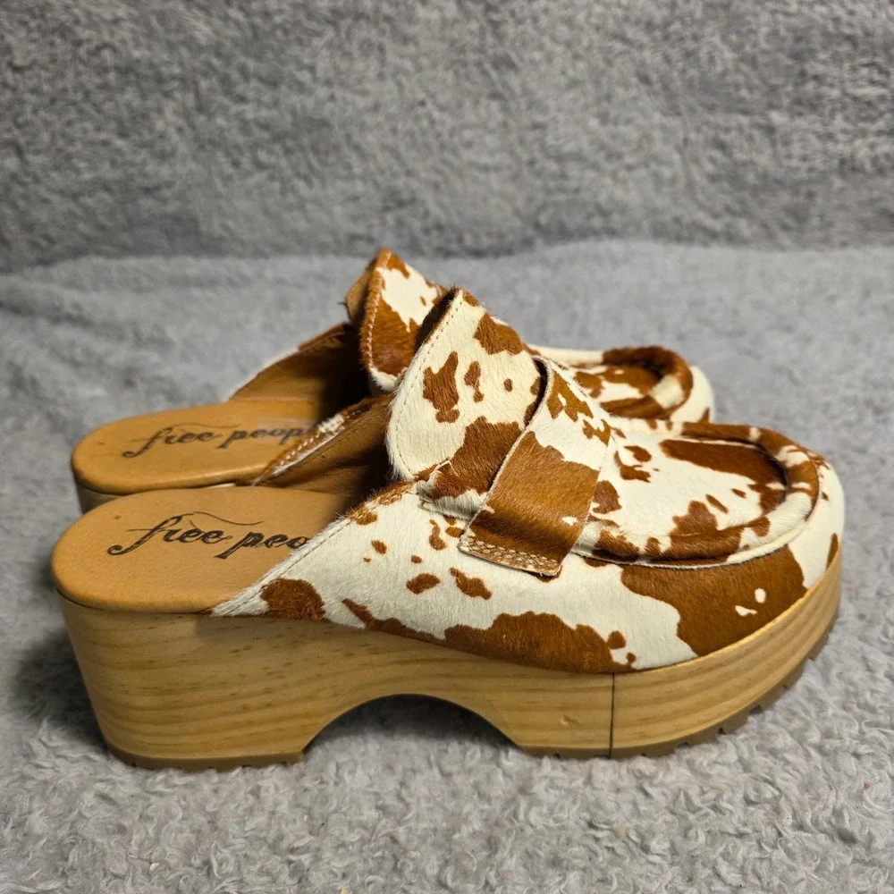 Free People Corbin Hair On Clog Cow Print Wooden Platform Mules‎ EU 38 US 7 NEW - Picture 3 of 9